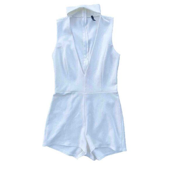 Blanc Pants - Blanc Women’s White Knit Cutout Mock Neck Romper Size M